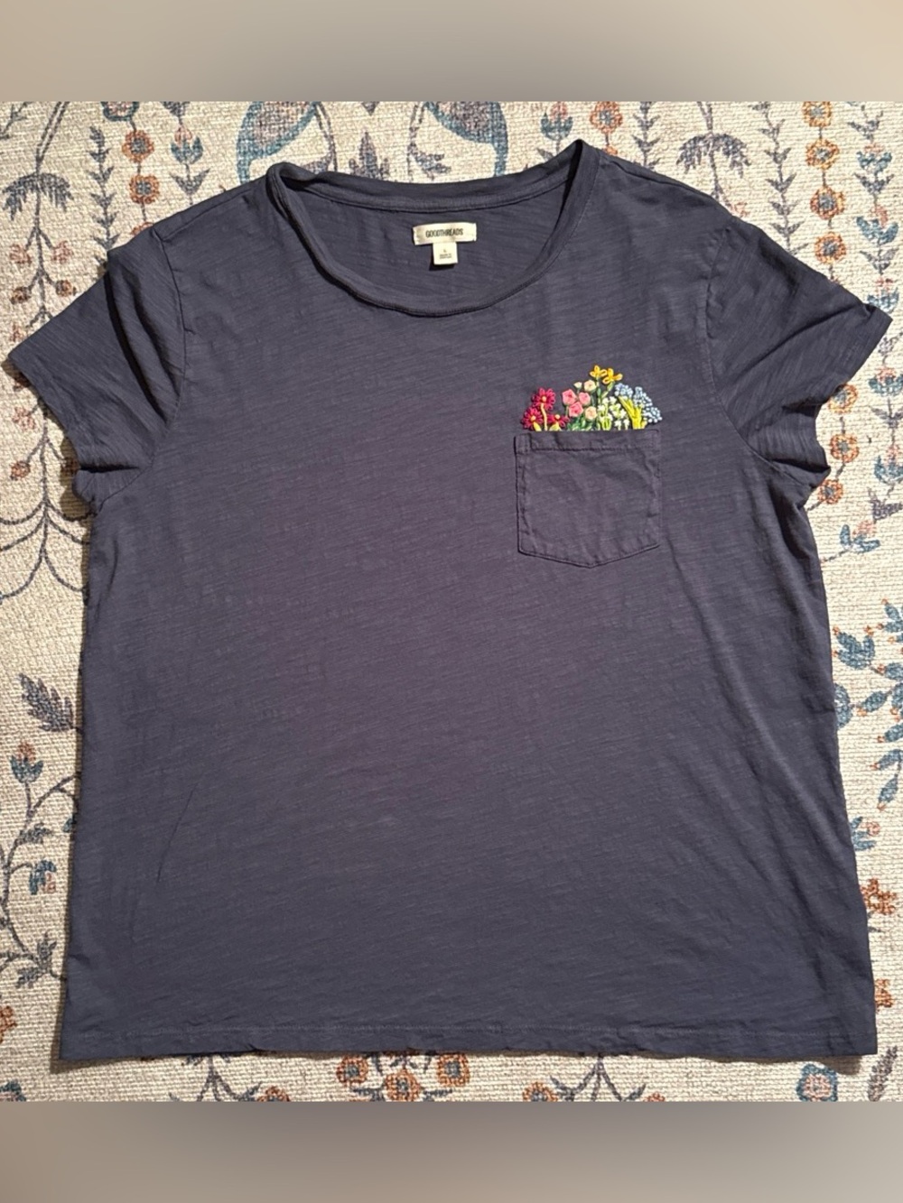 Goodthreads Embroidered Floral Pocket Tee Shirt Navy Blue Size Large